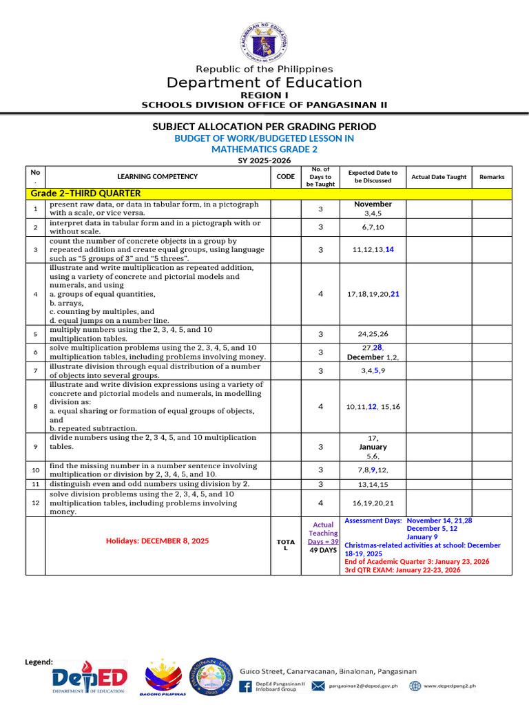 BOW - Budgeted-Lesson - G2-Math - SY 2025-2026 - 3rd-Qtr | PDF ...