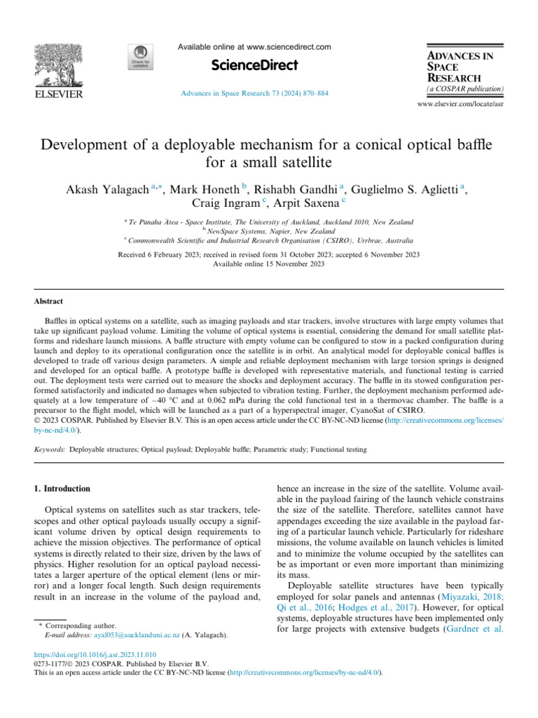 Development of a Deployable Mechanism for a Conical Optical Baffle for ...