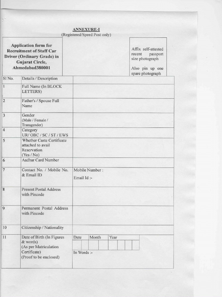 Indian Post Office Driver Application Form Jan 2026 | PDF