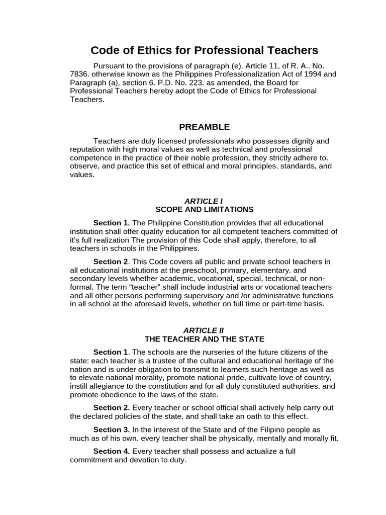 Code of Ethics For Professional Teachers | PDF | Teachers | Justice