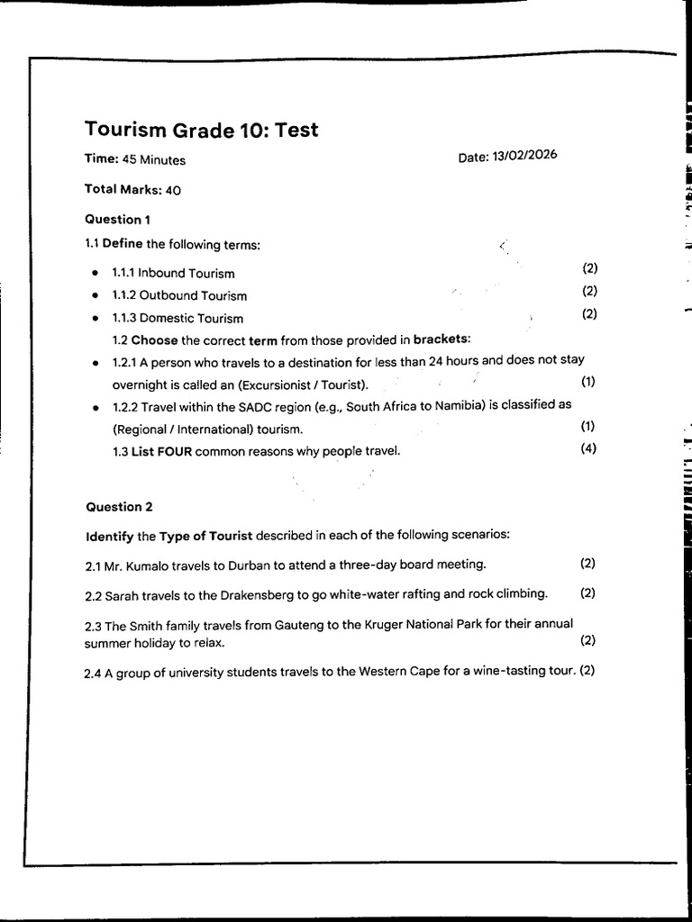 Tourism Grade 10 Test | PDF