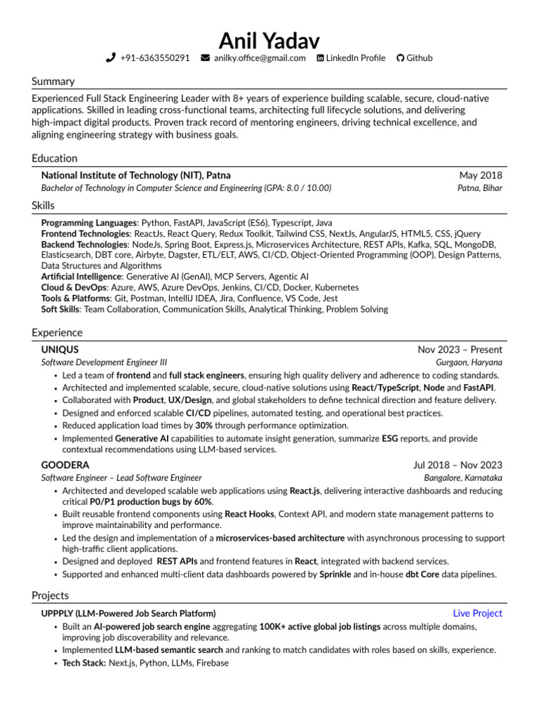 Anil Yadav 7 YOE FullStack | PDF | Computer Science | Systems Architecture