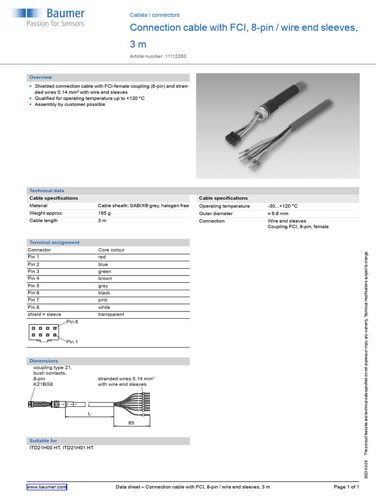 Baumer Connection Cable With FCI 8 Pin Wire End Sleeves 3 M en 20230328 ...