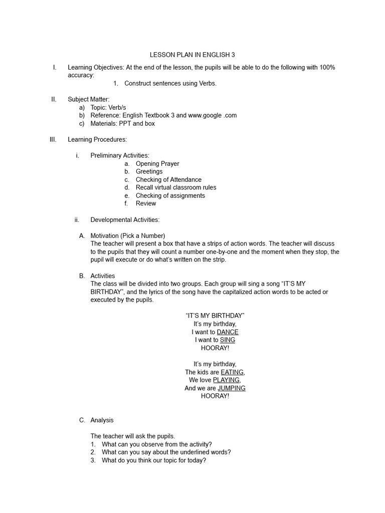 LESSON PLAN IN ENGLISH 3 (Demo | PDF | Lesson Plan