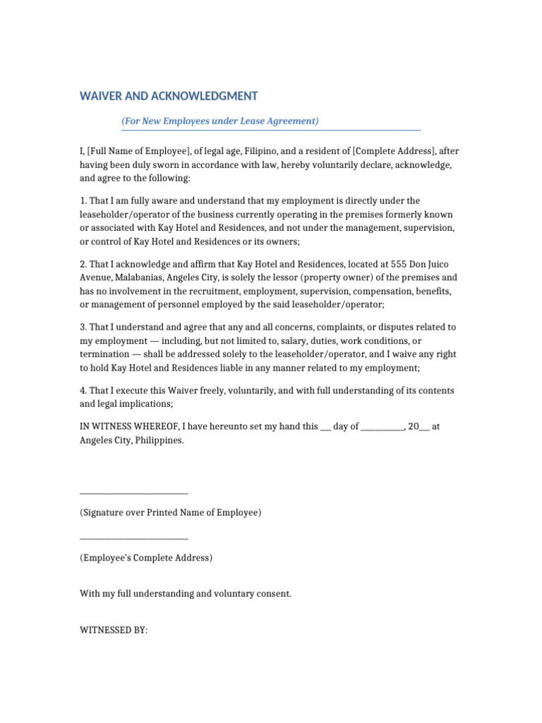 Waiver and Acknowledgment Kay Hotel | PDF