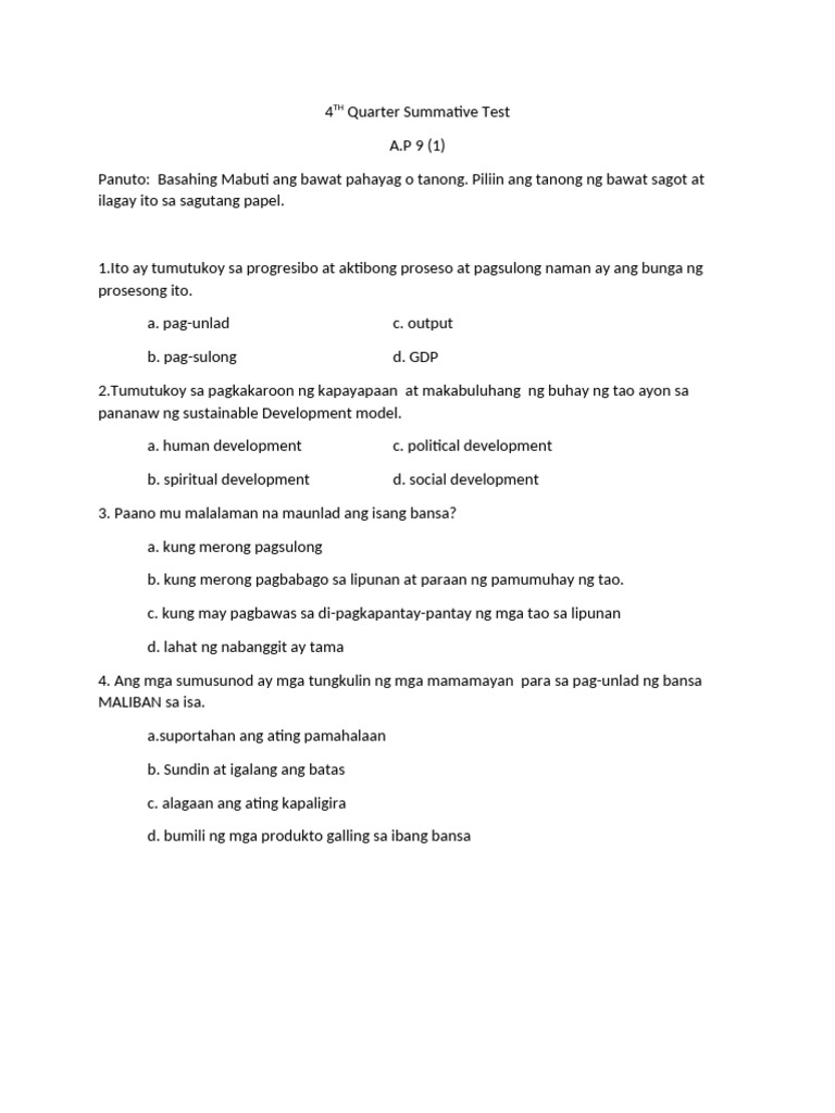 4TH Quarter Summative Test | PDF