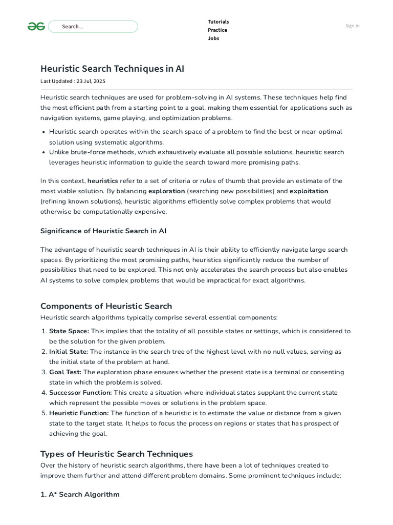 Heuristic Search Techniques in AI - GeeksforGeeks | PDF | Applied ...