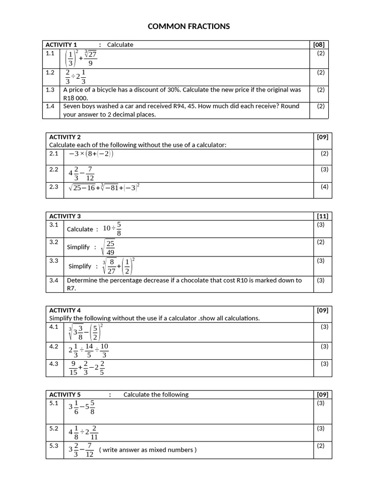 Common Fractions Activities | PDF | Arithmetic | Mathematics