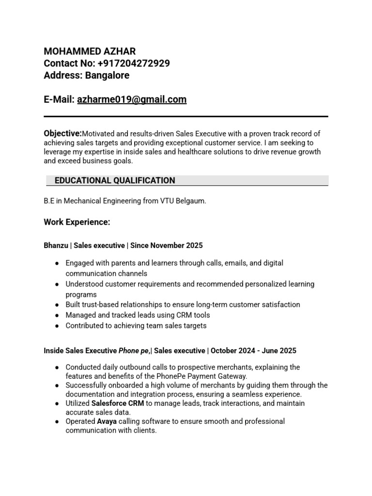 Azhar CV | PDF | Sales | Customer Relationship Management