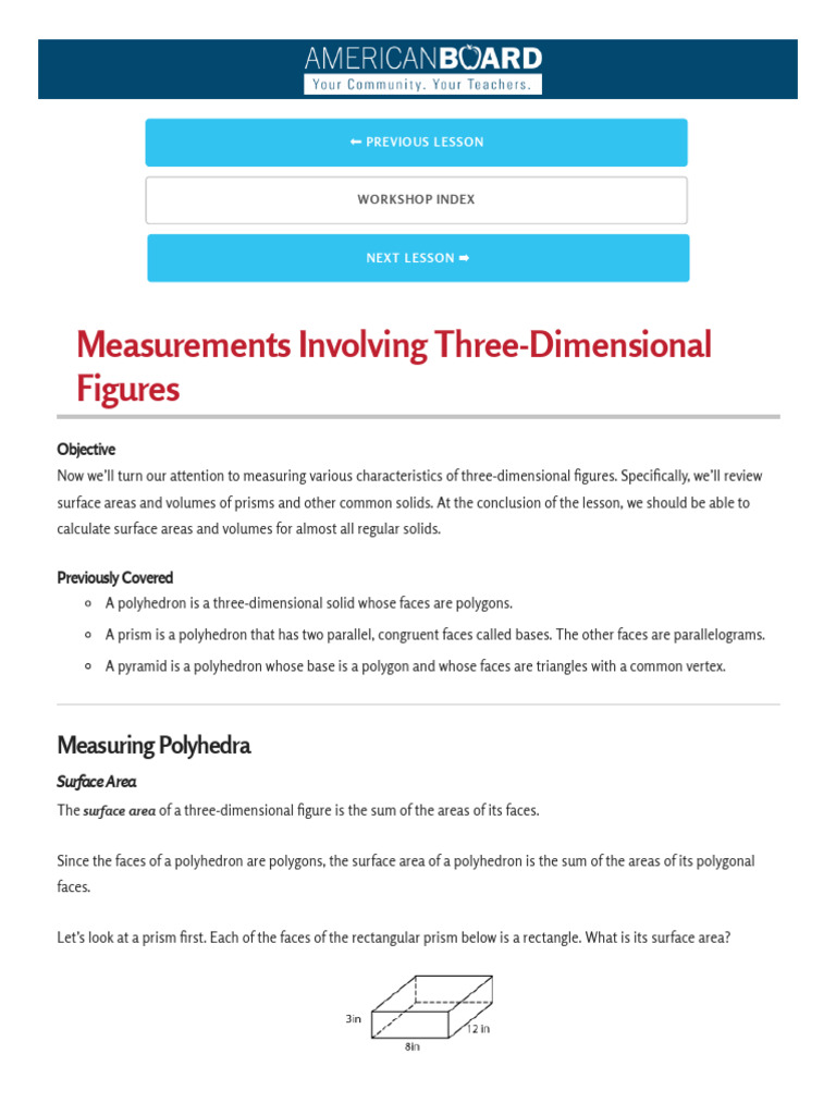 18) Measuremnts Involving Three - Dimensional Figures | PDF | Area ...