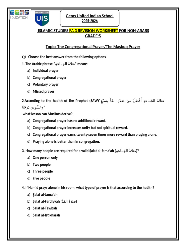 Grade 5 FA 3 Revision Worksheet | PDF | Muhammad | Abrahamic Religions