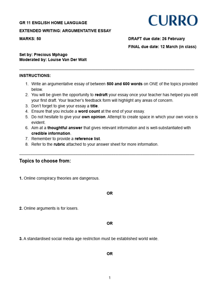GR 11 - Extended Writing - Term 1 2026 | PDF | Evidence | Argument