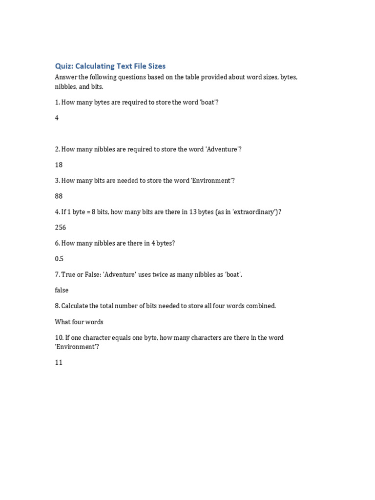 Calculating Text File Sizes Quiz | PDF