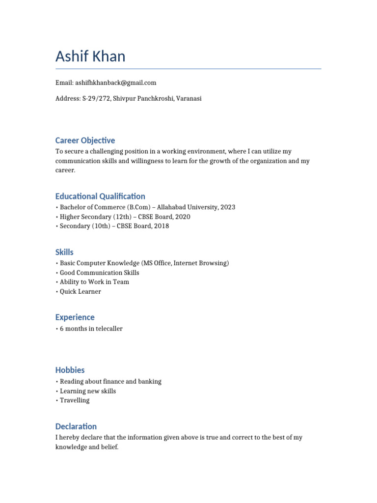 Ashif Khan CV | PDF
