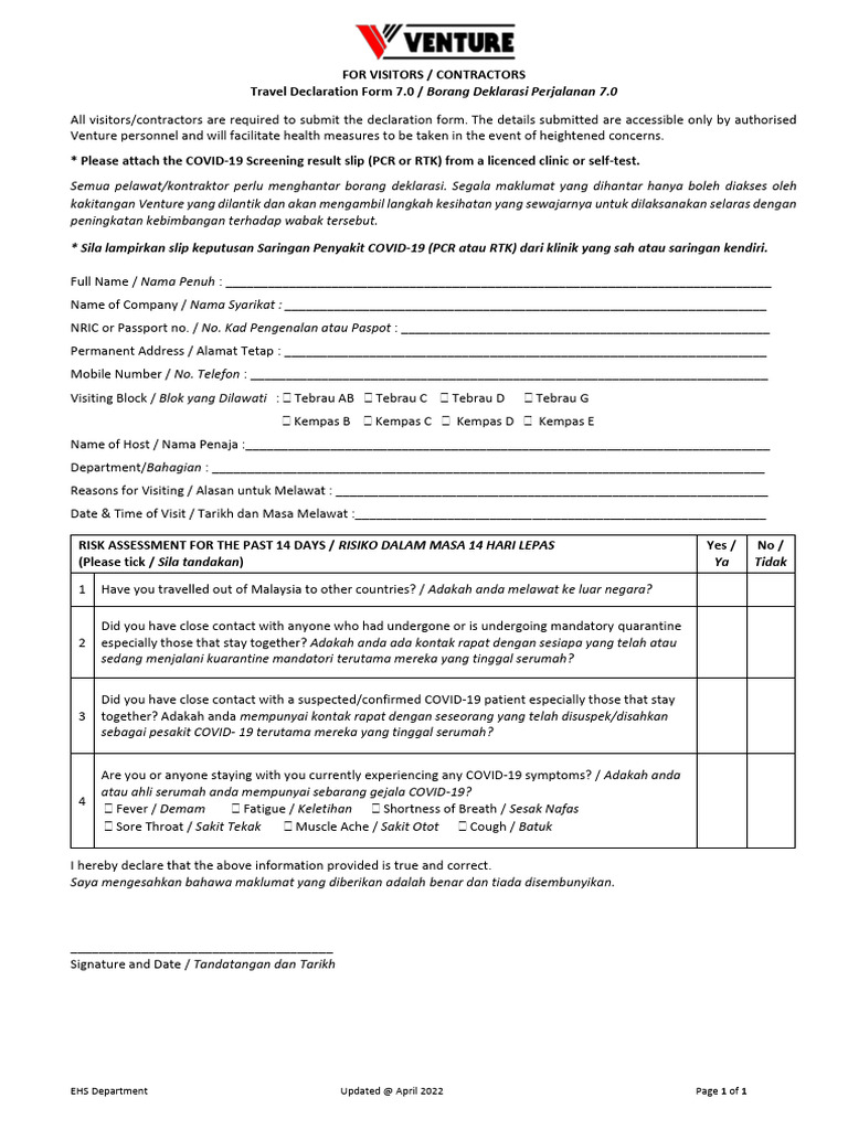 Venture Visitors & Contractors Declaration Form 7.0 | PDF