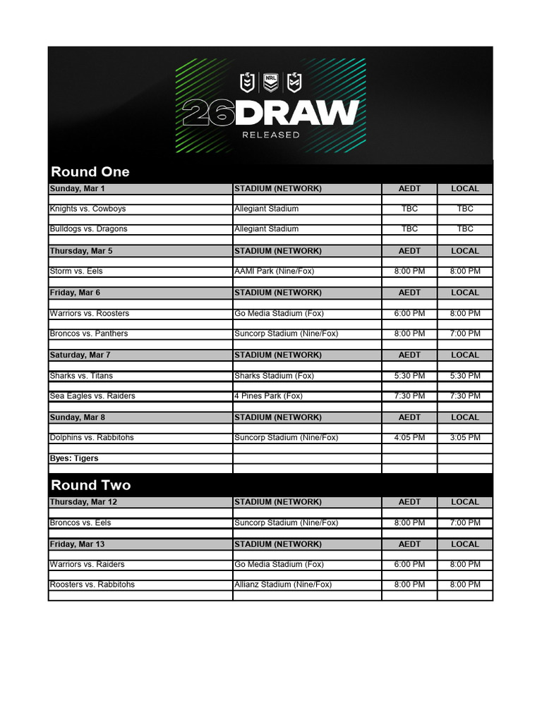 NRL Draw 2026 Final | PDF | Team Sports | Sports Leagues