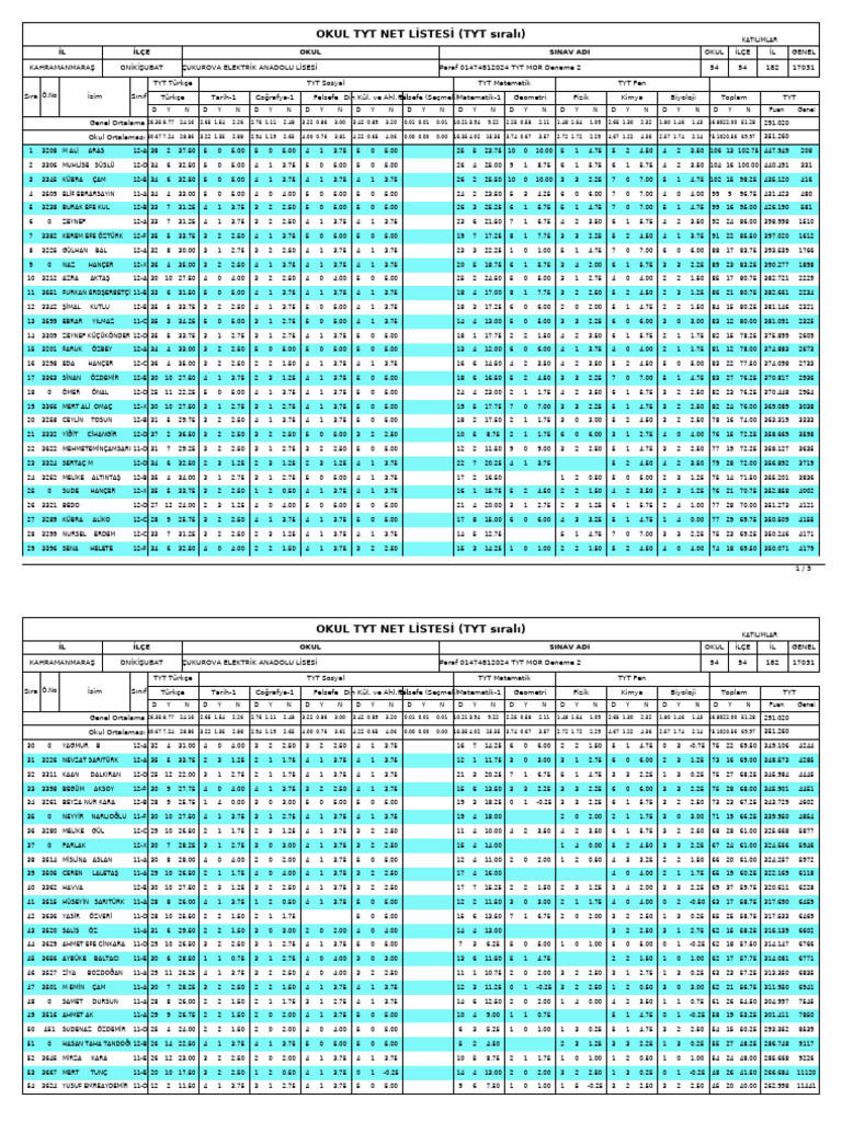 Çeal Paraf Mor Tyt Deneme Sonuçlar | PDF