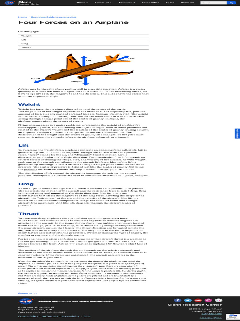 Four Forces On An Airplane Glenn Research Center NASA | PDF | Flight ...