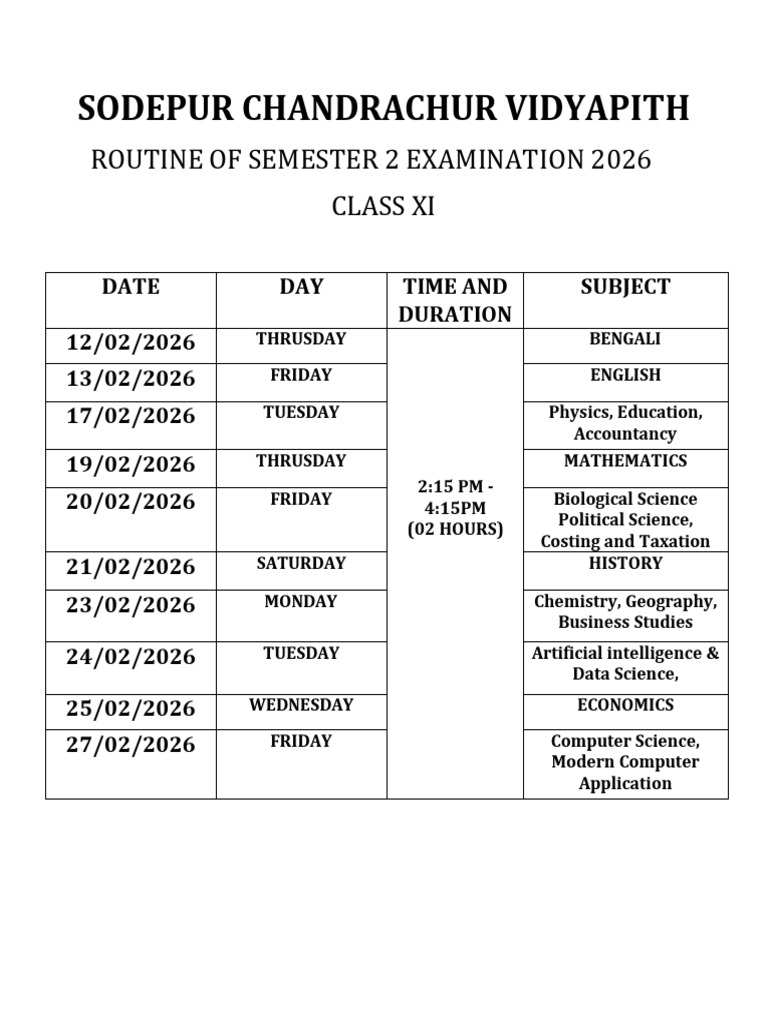Semester 2 Exam Routine 2026 | PDF