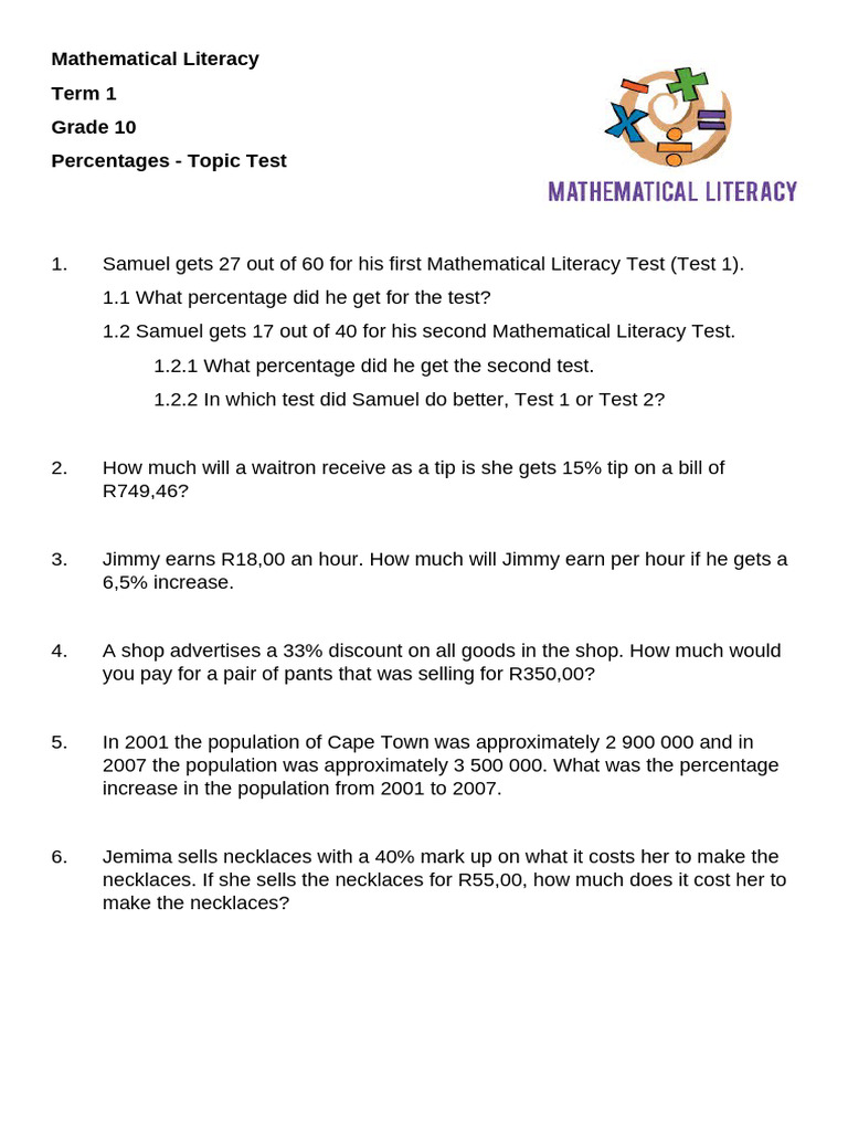 Topic Test - Percentages | PDF
