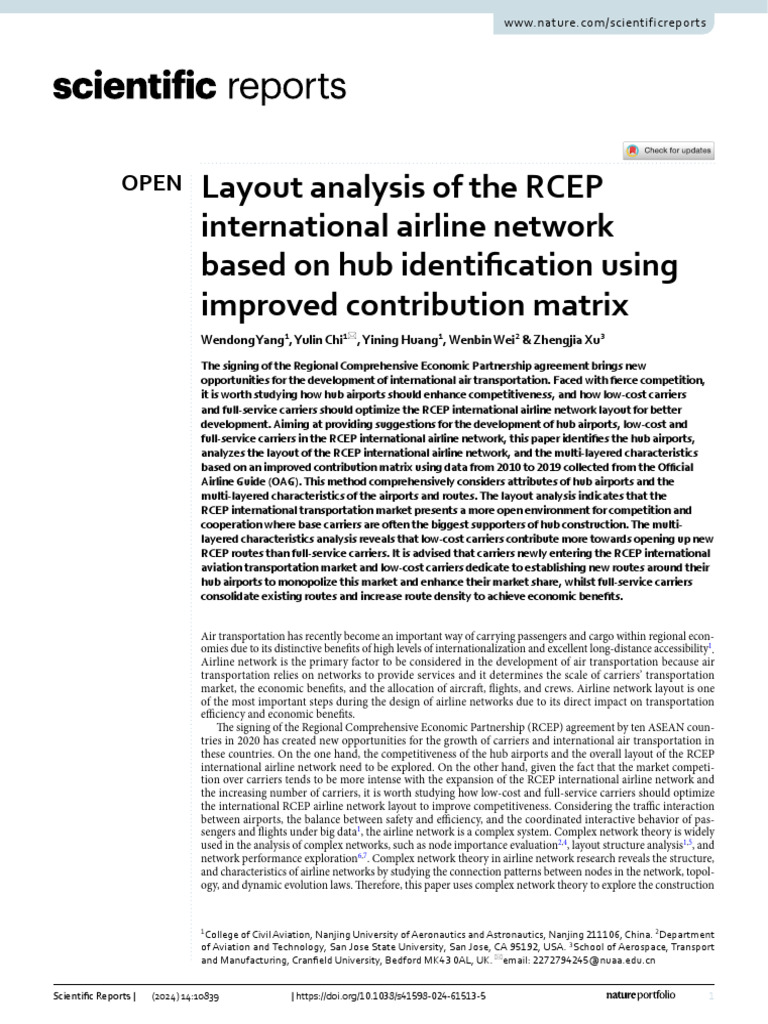 Layout Analysis of The RCEP International Airline Network Based On Hub ...