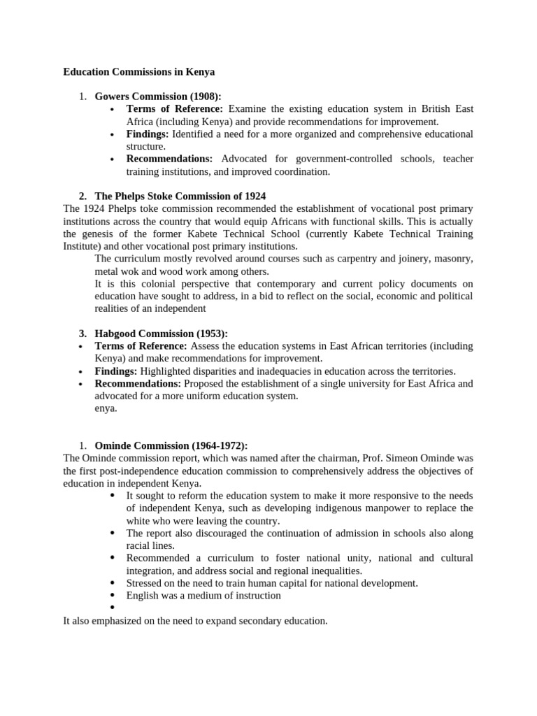 Notes On Education Commissions in Kenya | PDF | Curriculum | Kenya