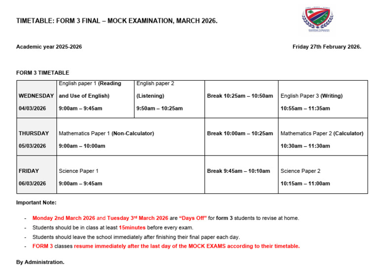 Final Mock Exam Timetable Form 3 - 2026-1 | PDF