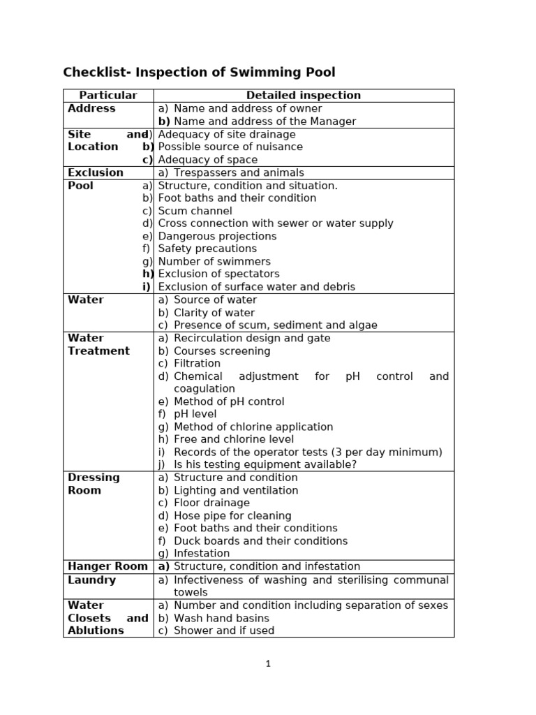 Checklist-Inspection of Swimming Pools | PDF | Water | Hydrology
