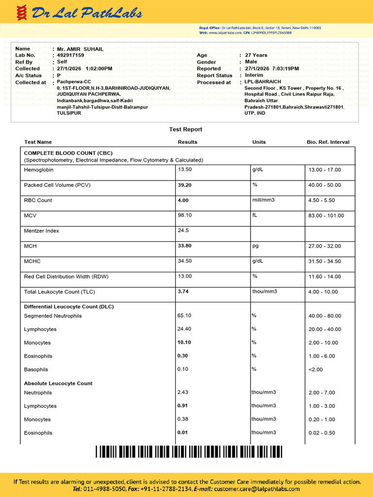 Amir Suhail Test Report | PDF | White Blood Cell | Blood