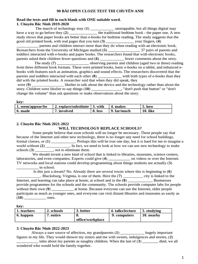 KEY To Open Cloze Test Thi Chuyên | PDF | Grandparent | Wine