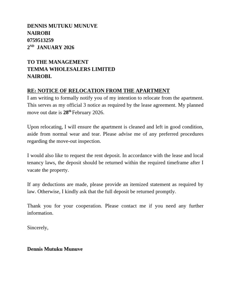 Notice of Relocation From The Apartment | PDF