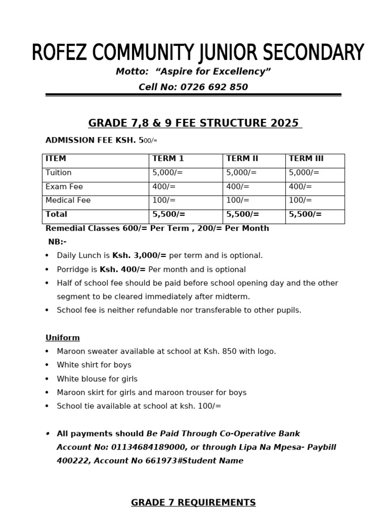 Rofez Community School Fee Structure Junior Secondary | PDF