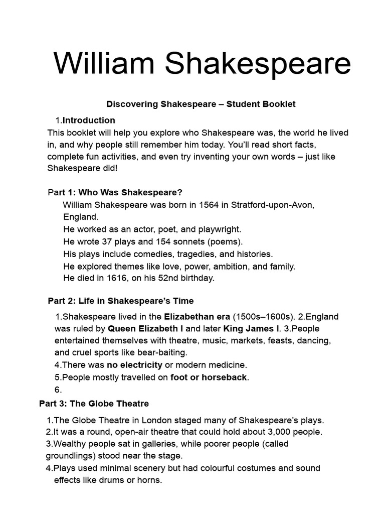 William Shakespeare Worksheet in Black and White Minimalist Style | PDF ...