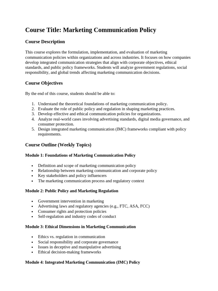 Course Title Marketing Communication Policy | PDF | Marketing ...