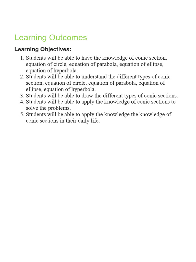 Class 11 Learning Outcomes Conic Sections | PDF