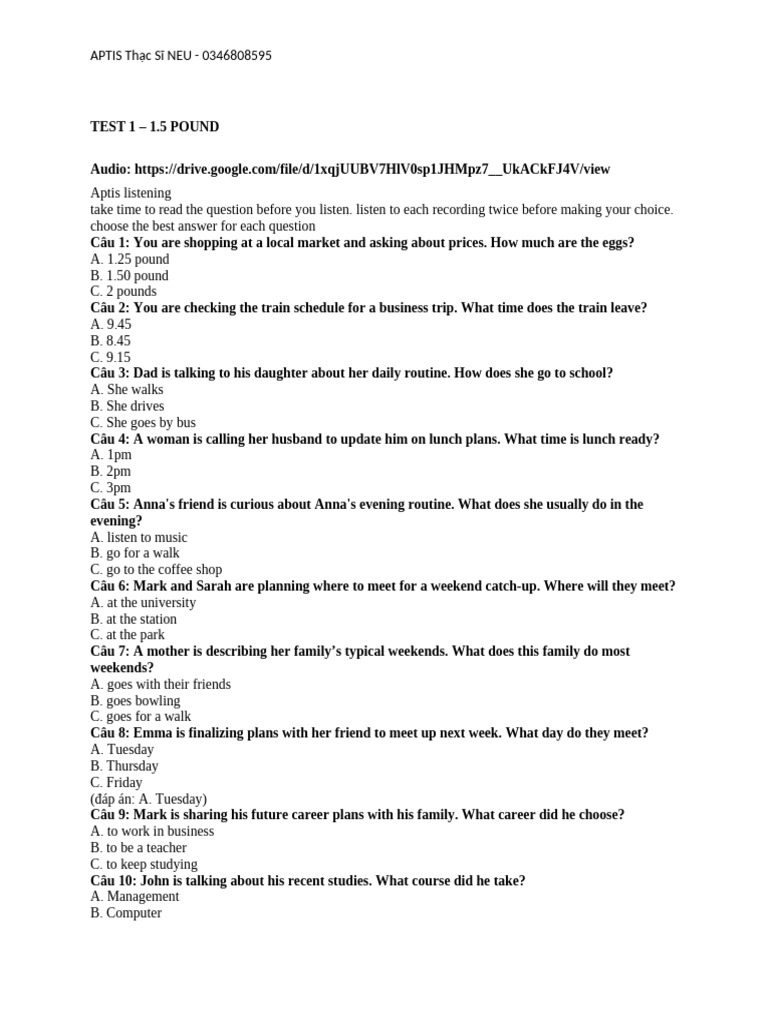 Test 1 1.5 Pound Aptis SV | PDF