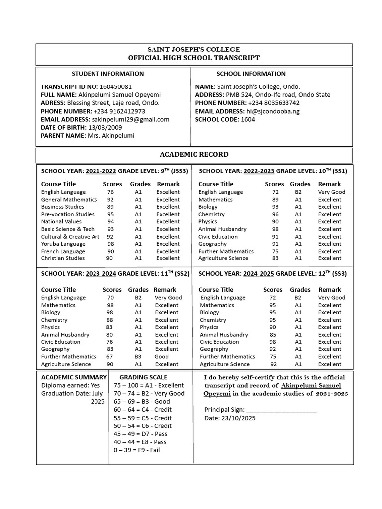 Official Transcript 1 | PDF | Science