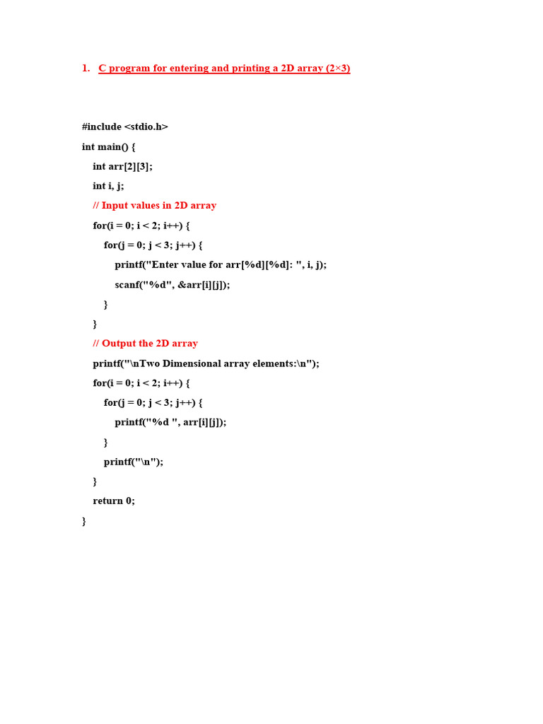 C Program for Entering and Printing a 2D Array | PDF | Computer ...