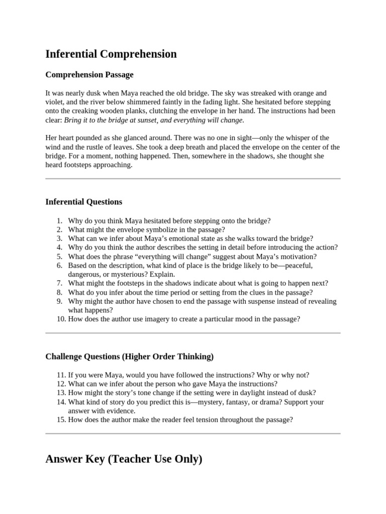 Worksheet with inferential questions | PDF | Psychological Concepts ...