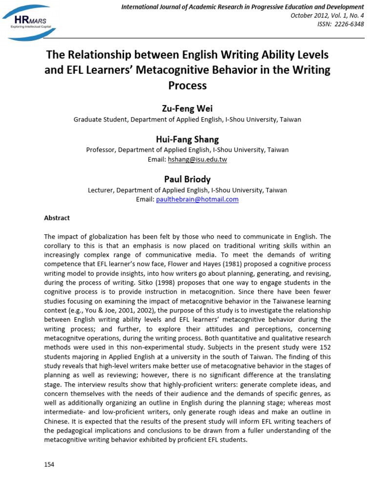Relationship Between Writing Levels and Metacog | PDF | Metacognition ...
