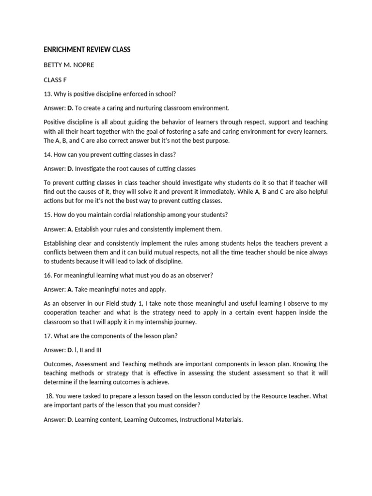 ENRICHMENT REVIEW CLASS | PDF | Learning | Teachers
