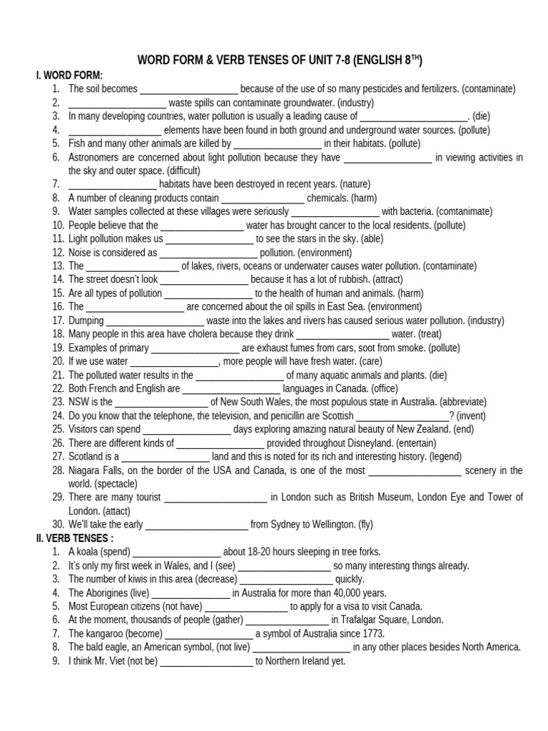 word form verb tenses anh 8 unit 78 | PDF | Pollution | Water