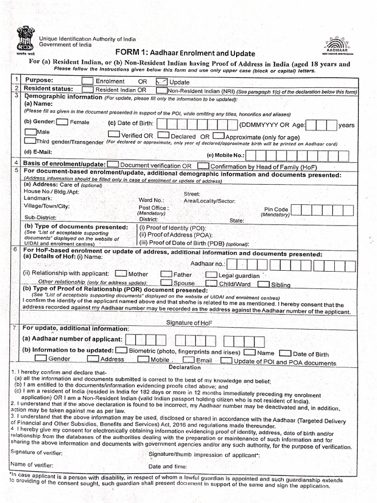 Aadhaar Update Form | PDF