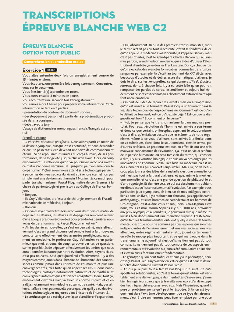 DALF C2 Web Transcriptions Mai-2018 | PDF | Transhumanisme | Évolution