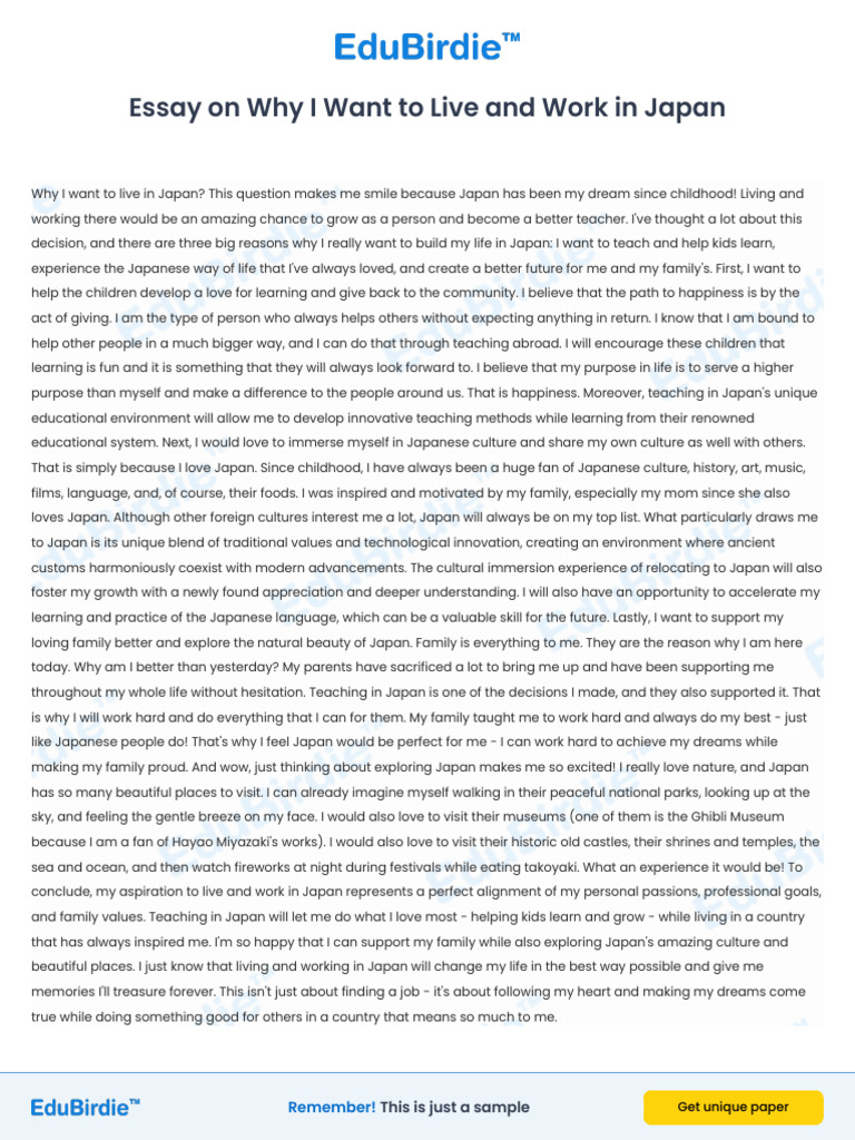 Essay On Why I Want To Live and Work in Japan | PDF