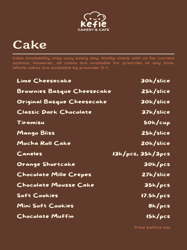 Kefie Cakery & Cafe Menu PDF | PDF | Cakes | Cooking