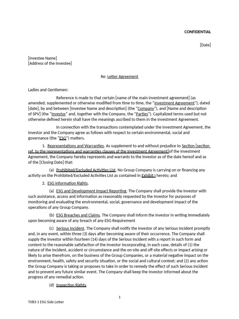 Upload ESG Side Letter Agreement | PDF