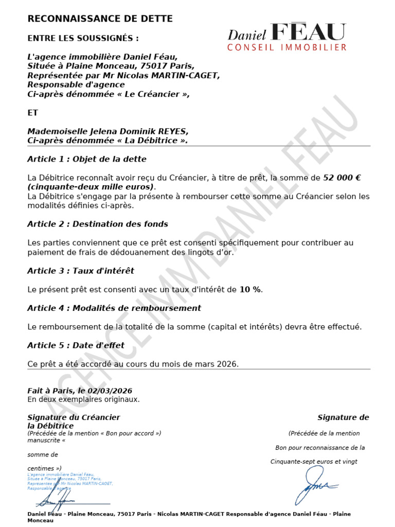 Reconnaissance de Dette | PDF