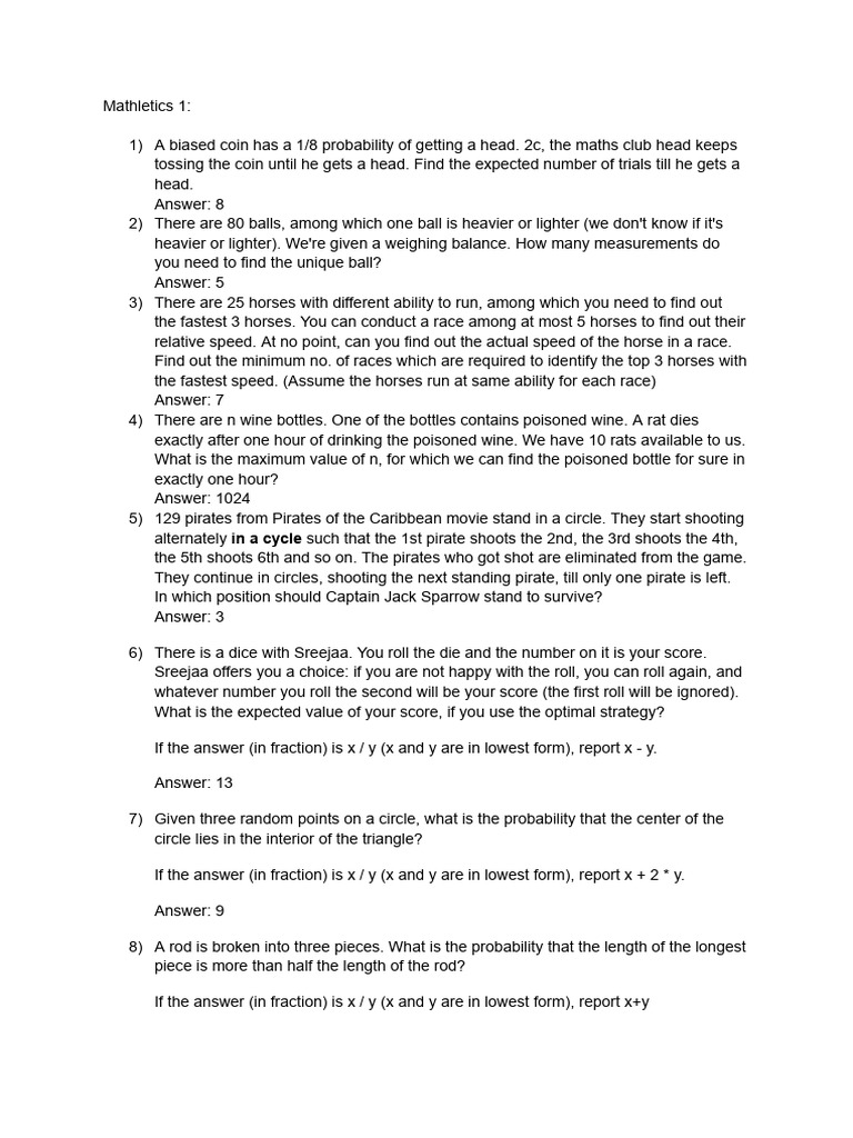 Mathletics 1 - Questions | PDF | Multiple Choice
