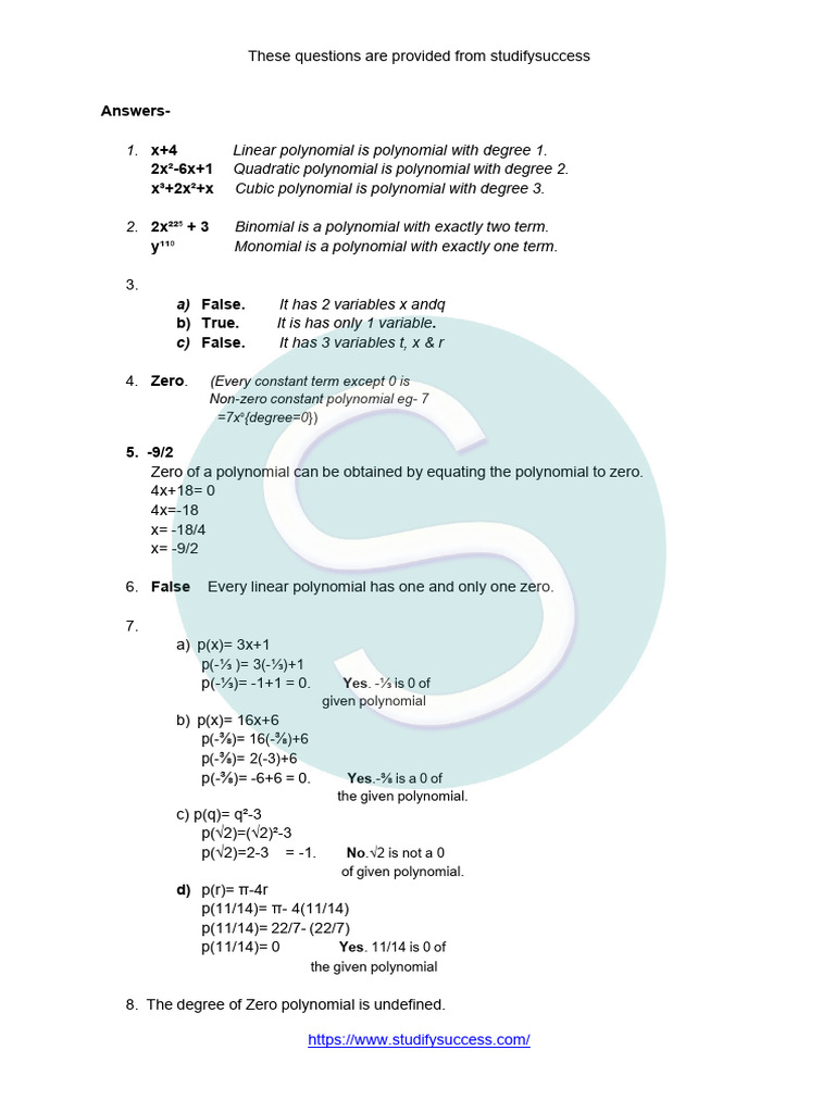 Class 9 Maths Ch-2 Imp Ques (ANS) | PDF | Polynomial | Algebra